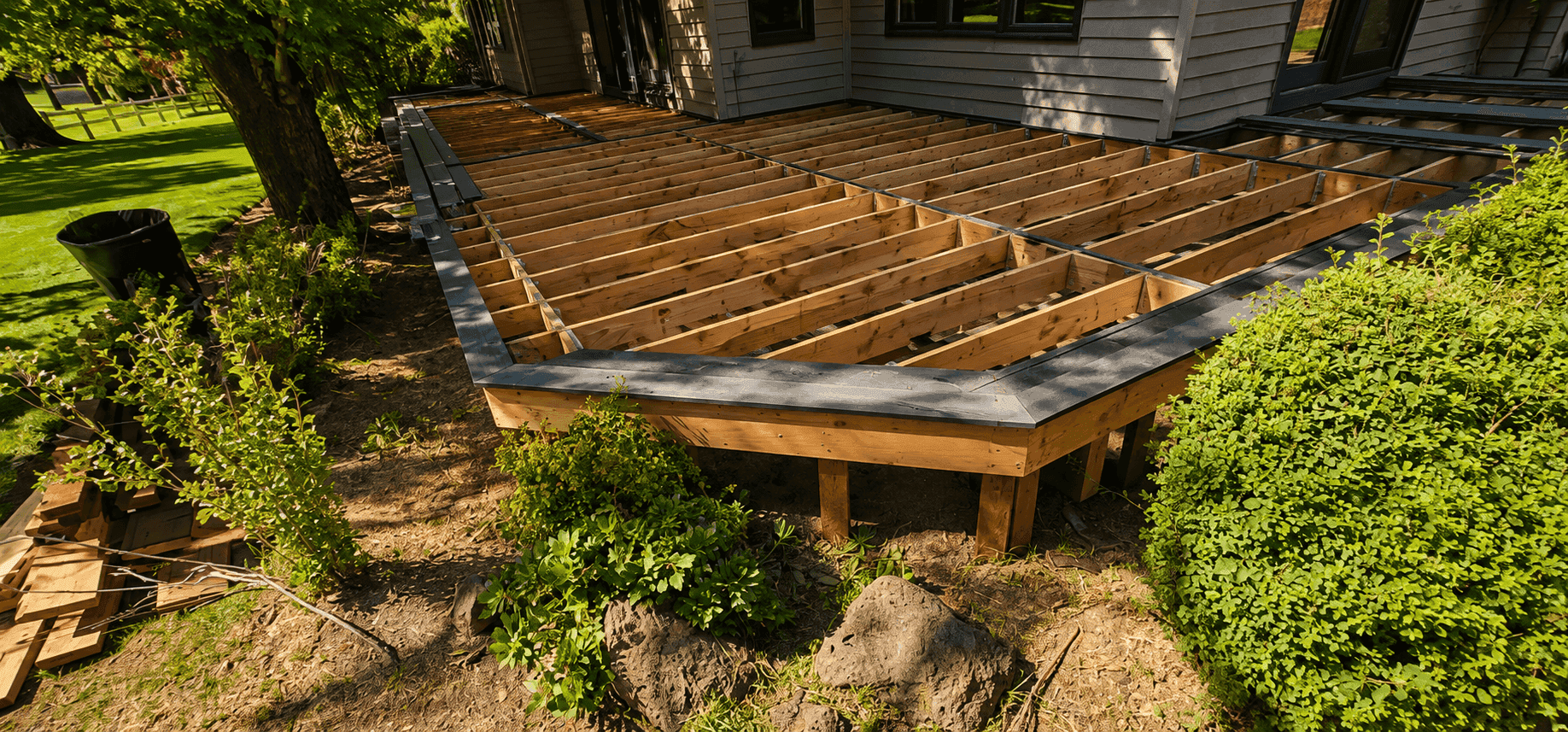Deck framing with black joist paint applied across the top of every joist before decking installation