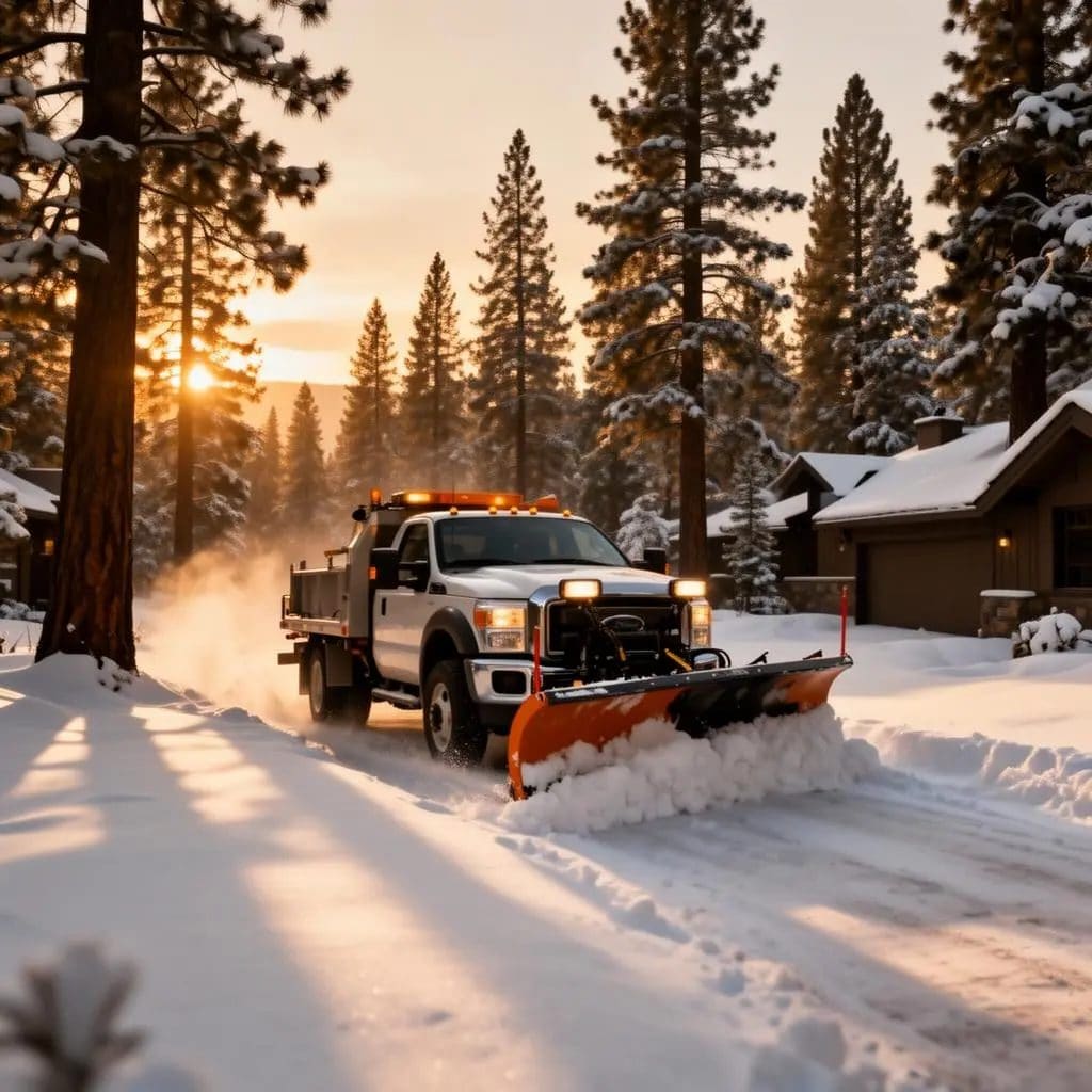 Snow plow clearing a driveway at dawn