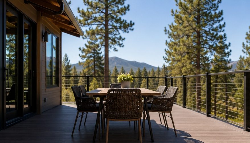 Composite deck with outdoor dining set overlooking Central Oregon pines and mountains