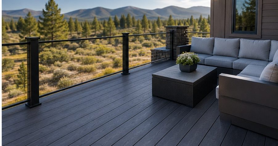 Modern capped composite deck with lounge seating and high-desert views